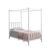 Saltoro Sherpi Modern Metal Twin Size Canopy Bed, Spindled Turned Posts, Classic White
