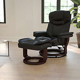 Emma + Oliver Multi-Position Recliner/Curved Ottoman - Swivel Wood Base in Black LeatherSoft