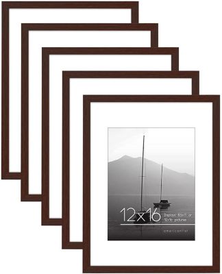 Americanflat 12x16 Picture Frame in Mahogany - Displays 8.5x11 With Mat and 12x16 Without Mat- Set of 5 Frames with Sawtooth Hanging Hardware For Horizontal and Vertical Display