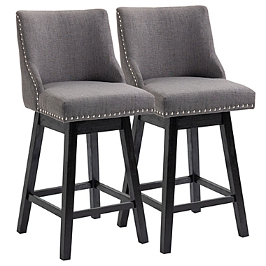 HOMCOM 28" Swivel Bar Height Bar Stools Set of 2, Armless Upholstered Barstools Chairs with Nailhead Trim and Wood Legs, Dark Grey. View a larger version of this product image.