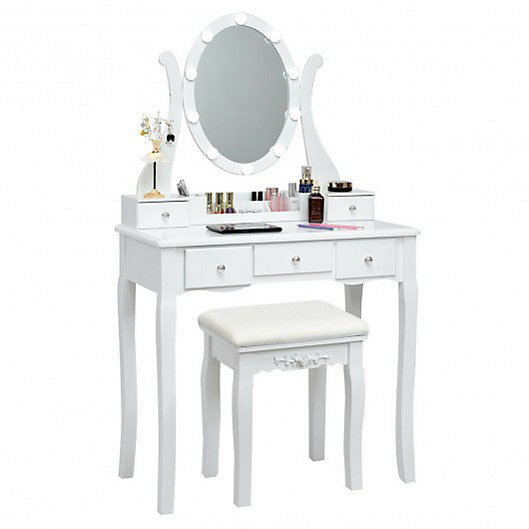 Costway 10 Dimmable Lights Vanity Table, Vanity Set With Mirror And Lights Stool