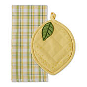 Contemporary Home Living Set of 2 Yellow and White Lemon Decorative Potholder and Dish Towel, 9"