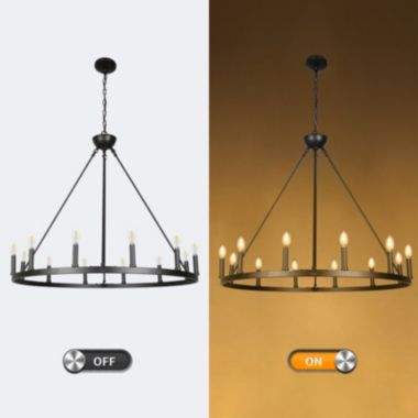Canyon Home Ancora 12 Light Chandelier Wagon Wheel (37" Wide) Matte Black Steel Frame   Large Home Decoration   Foyer, Entryway, Dining Room. View a larger version of this product image.