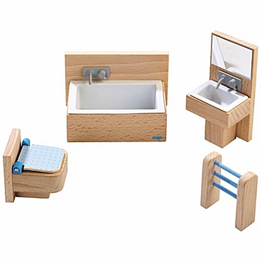 HABA Little Friends Bathroom Set - Wooden Dollhouse Furniture for 4&quot; Bendy Dolls. View a larger version of this product image.