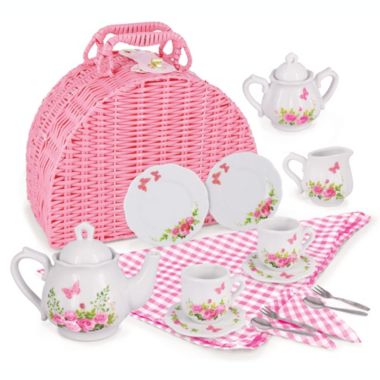 Jewelkeeper Porcelain Tea Set For Little Girls With Pink Picnic Basket, Floral Design, 18. View a larger version of this product image.