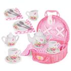 Alternate image 1 for Jewelkeeper Porcelain Tea Set For Little Girls With Pink Picnic Basket, Floral Design, 18