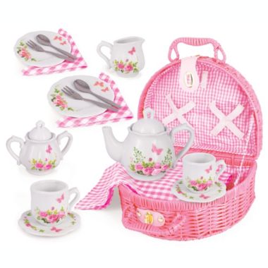 Jewelkeeper Porcelain Tea Set For Little Girls With Pink Picnic Basket, Floral Design, 18. View a larger version of this product image.