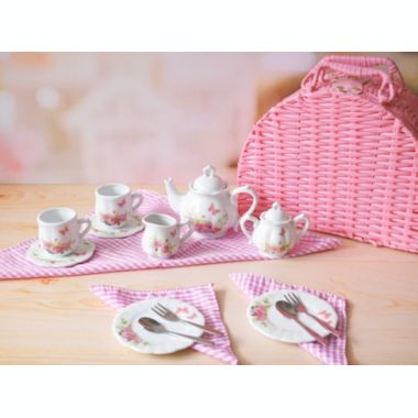 Jewelkeeper Porcelain Tea Set For Little Girls With Pink Picnic Basket, Floral Design, 18. View a larger version of this product image.