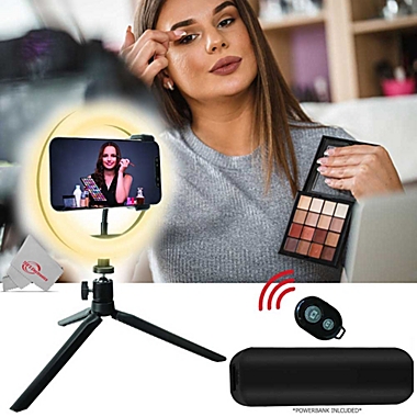 Vivitar 8 Inch LED Ring Light for Iphone Smartphone with Tripod Mount Stand, Power Bank and Wireless Remote. View a larger version of this product image.