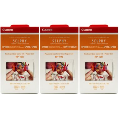 3 Unit Canon RP-108 High-Capacity Color Ink/Paper Set for SELPHY CP910 Printer. View a larger version of this product image.