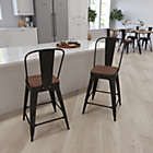 Alternate image 0 for Merrick Lane Amsterdam 24 Inch Tall Antique Black Metal Counter Bar Stool With Curved Slatted Back And Textured Wood Seat