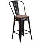 Alternate image 2 for Merrick Lane Amsterdam 24 Inch Tall Antique Black Metal Counter Bar Stool With Curved Slatted Back And Textured Wood Seat