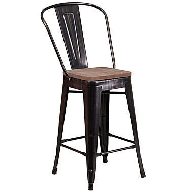 Merrick Lane Amsterdam 24 Inch Tall Antique Black Metal Counter Bar Stool With Curved Slatted Back And Textured Wood Seat. View a larger version of this product image.
