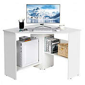 Costway Corner Computer Desk Triangle Writing Workstation with Storage Shelf-White
