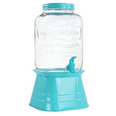 Gibson Home Chiara 2 Gallon Glass Mason Jar Dispenser with Metal Lid and Base in Blue. View a larger version of this product image.
