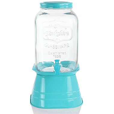 Gibson Home Chiara 2 Gallon Glass Mason Jar Dispenser with Metal Lid and Base in Blue. View a larger version of this product image.