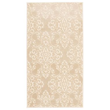 Chaudhary Living 2.5' x 5' Beige and White Damask Rectangular Area Throw Rug. View a larger version of this product image.