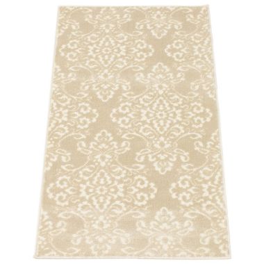 Chaudhary Living 2.5' x 5' Beige and White Damask Rectangular Area Throw Rug. View a larger version of this product image.