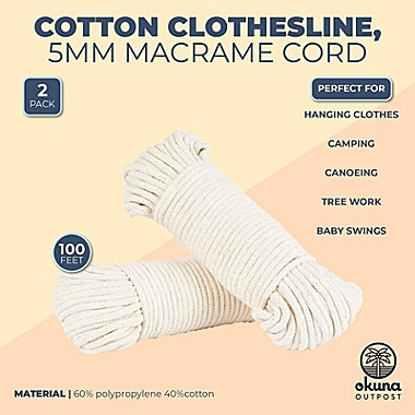 Okuna Outpost White Cotton Clothesline Cord, Laundry Line (0.19 in, 100 Feet, 2 Pack). View a larger version of this product image.