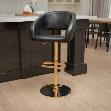 Emma + Oliver Black Vinyl Adjustable Height Barstool with Rounded Mid-Back and Gold Base. View a larger version of this product image.