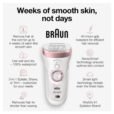 Braun Epilator Silk-épil 9 9-720, Hair Removal for Women, Wet & Dry, Womens Shaver & Trimmer, Cordless, Rechargeable. View a larger version of this product image.