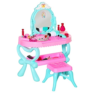 Qaba 2 In 1 Musical Piano Kids Dressing Table Set, 32 PCS Vanity Make Up Desk, Magic Glamour Princess Mirror, w/ Beauty Kit, Mirror, Stool, Light, Hair Dryer, for 3-6 Years Old, Pink, Blue. View a larger version of this product image.