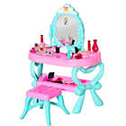 Alternate image 1 for Qaba 2 In 1 Musical Piano Kids Dressing Table Set, 32 PCS Vanity Make Up Desk, Magic Glamour Princess Mirror, w/ Beauty Kit, Mirror, Stool, Light, Hair Dryer, for 3-6 Years Old, Pink, Blue