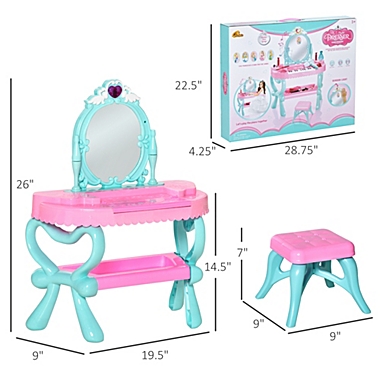 Qaba 2 In 1 Musical Piano Kids Dressing Table Set, 32 PCS Vanity Make Up Desk, Magic Glamour Princess Mirror, w/ Beauty Kit, Mirror, Stool, Light, Hair Dryer, for 3-6 Years Old, Pink, Blue. View a larger version of this product image.