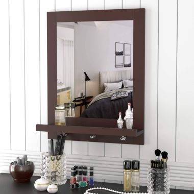 Homfa Wall Bathroom Mirror with Shelf 3 Hanging Hooks in Dark Brown. View a larger version of this product image.
