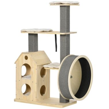 Halifax North America 53" Cat Tree, Kitty Activity Center Cat Tower Climbing Pet Furniture with Running Wheel, Cat Bed, Cushions, Sisal Scratching Post, Natural. View a larger version of this product image.