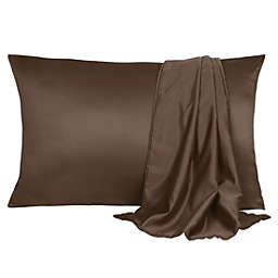 PiccoCasa 2 Pack Satin Solid Pillowcase for Hair and Skin, Cool, Soft Breathable Pillow Cases Standard 20x26 Inch Brown with Envelope Closure