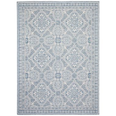 Chaudhary Living 5.25' x 7.25' Blue and Off White Bordered Damask Rectangular Area Throw Rug. View a larger version of this product image.