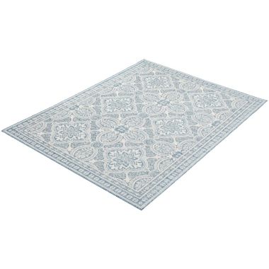 Chaudhary Living 5.25' x 7.25' Blue and Off White Bordered Damask Rectangular Area Throw Rug. View a larger version of this product image.
