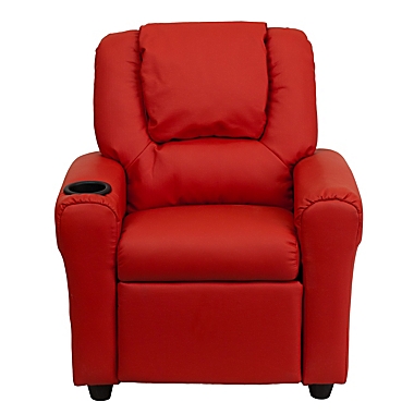 Flash Furniture Vana Contemporary Red Vinyl Kids Recliner with Cup Holder and Headrest. View a larger version of this product image.