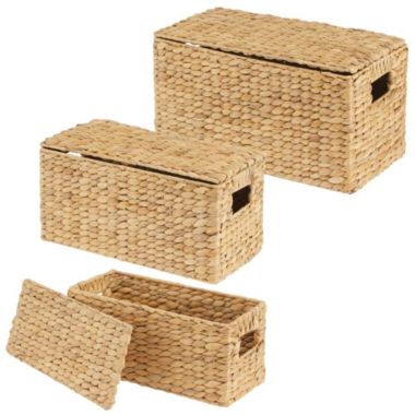 mDesign Woven Hyacinth Home Storage Basket with Lid, Set of 3 - White Wash. View a larger version of this product image.