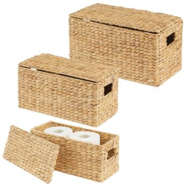 mDesign Woven Hyacinth Home Storage Basket with Lid, Set of 3 - White Wash. View a larger version of this product image.