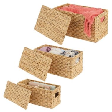 mDesign Woven Hyacinth Home Storage Basket with Lid, Set of 3 - White Wash. View a larger version of this product image.