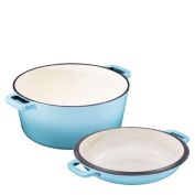 Bruntmor 2 in 1 Enameled Cast Iron Double Dutch Oven & Skillet Lid, 5-Quart, Induction, Electric, Gas & In Oven Compatible (5 Quart, Sky Blue)