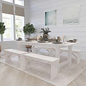 Merrick Lane Marshall 8&#39; x 40" Folding Farmhouse Style Dining Table and Four 40.25"L Bench Set in Antique Rustic White