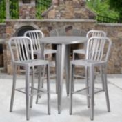 Emma + Oliver Commercial 30" Round Silver Metal Bar Table Set-4 Vertical Slat Back Stools