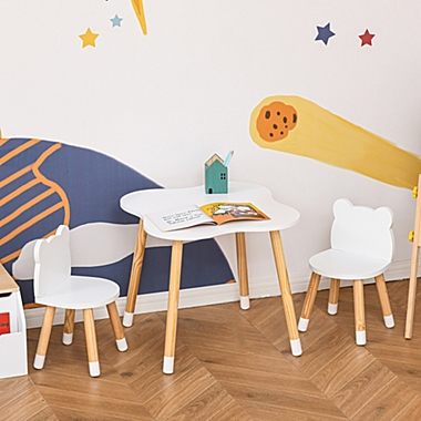 Qaba 3 Pieces Table and Chair Sets Children Dining Table Cute Bear Shape with Rounded Corners for 1-4 years Toddler Desk Reading Drawing Playing, White. View a larger version of this product image.