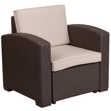 Merrick Lane Malmok Outdoor Furniture Resin Chair Chocolate Brown Faux Rattan Wicker Pattern Patio Chair With All-Weather Beige Cushion. View a larger version of this product image.