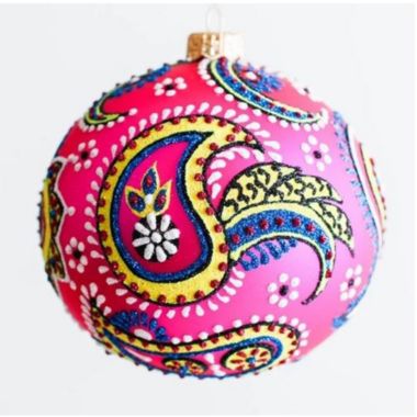 Paisley Hot Pink Ball High Design Polish Glass Christmas Tree Ornament. View a larger version of this product image.