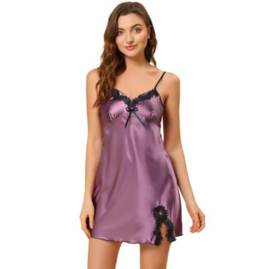 Allegra K Women's Satin Sexy Nightgown Summer Cami Mini Spaghetti Lingerie Dress, 100% Polyester Sleepwear Loungewear Sleepshirts Nightdress Regular Fit Gown Dress, Purple S. View a larger version of this product image.