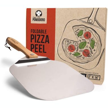 Chef Pomodoro Aluminum Metal Pizza Peel with Foldable Wood Handle for Easy Storage 12-Inch x 14-Inch, Gourmet Luxury Pizza Paddle for Baking Homemade Pizza Bread. View a larger version of this product image.