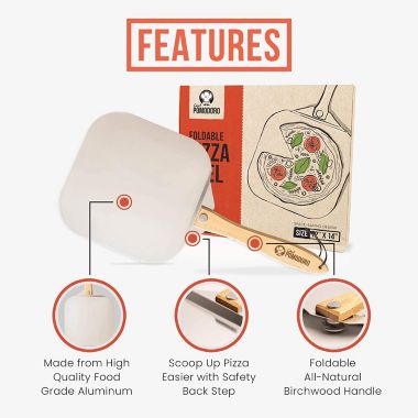 Chef Pomodoro Aluminum Metal Pizza Peel with Foldable Wood Handle for Easy Storage 12-Inch x 14-Inch, Gourmet Luxury Pizza Paddle for Baking Homemade Pizza Bread. View a larger version of this product image.