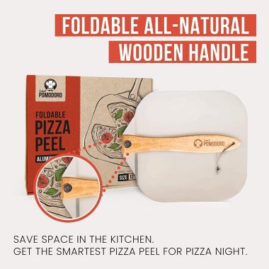 Chef Pomodoro Aluminum Metal Pizza Peel with Foldable Wood Handle for Easy Storage 12-Inch x 14-Inch, Gourmet Luxury Pizza Paddle for Baking Homemade Pizza Bread. View a larger version of this product image.