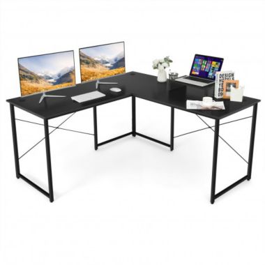 Costway 95 Inch 2-Person L-Shaped Long Reversible Computer Desk with Monitor Stand-Black. View a larger version of this product image.
