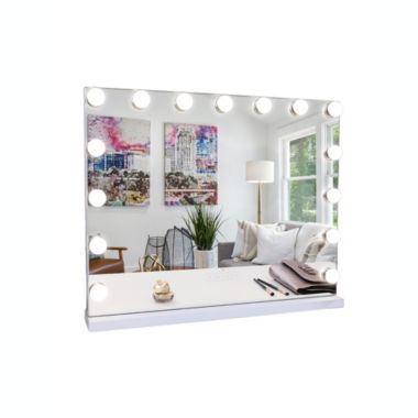 Fenchilin Large Vanity Mirror W/ Lights and Bluetooth Speaker Hollywood Lighted Makeup Mirror with 15 Dimmable LED Bulbs for Dressing Room and Bedroom, Tabletop or Wall-Mounted, Slim Metal Frame White. View a larger version of this product image.