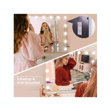Fenchilin Large Vanity Mirror W/ Lights and Bluetooth Speaker Hollywood Lighted Makeup Mirror with 15 Dimmable LED Bulbs for Dressing Room and Bedroom, Tabletop or Wall-Mounted, Slim Metal Frame White. View a larger version of this product image.